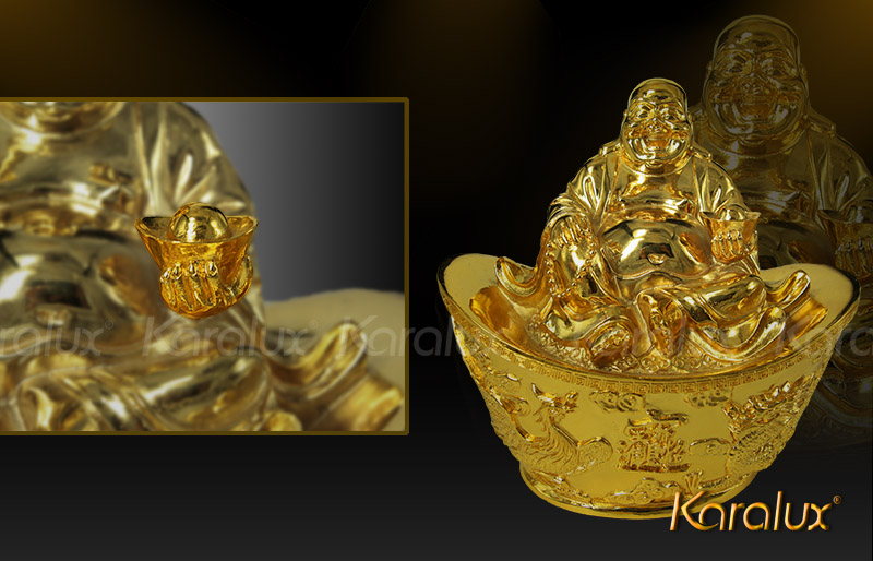 Tượng Phật Di lặc ngồi trên hũ tiền mạ vàng 6