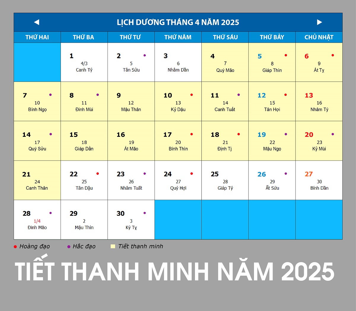 Lịch tiết Thanh Minh năm 2025 (ngày mầu nền vàng)